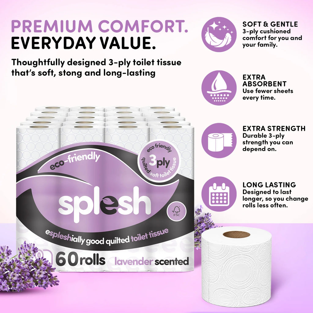 Splesh Toilet Roll Soft & Quilted 3-Ply Lavender Scented Toilet Tissue, 60 Rolls