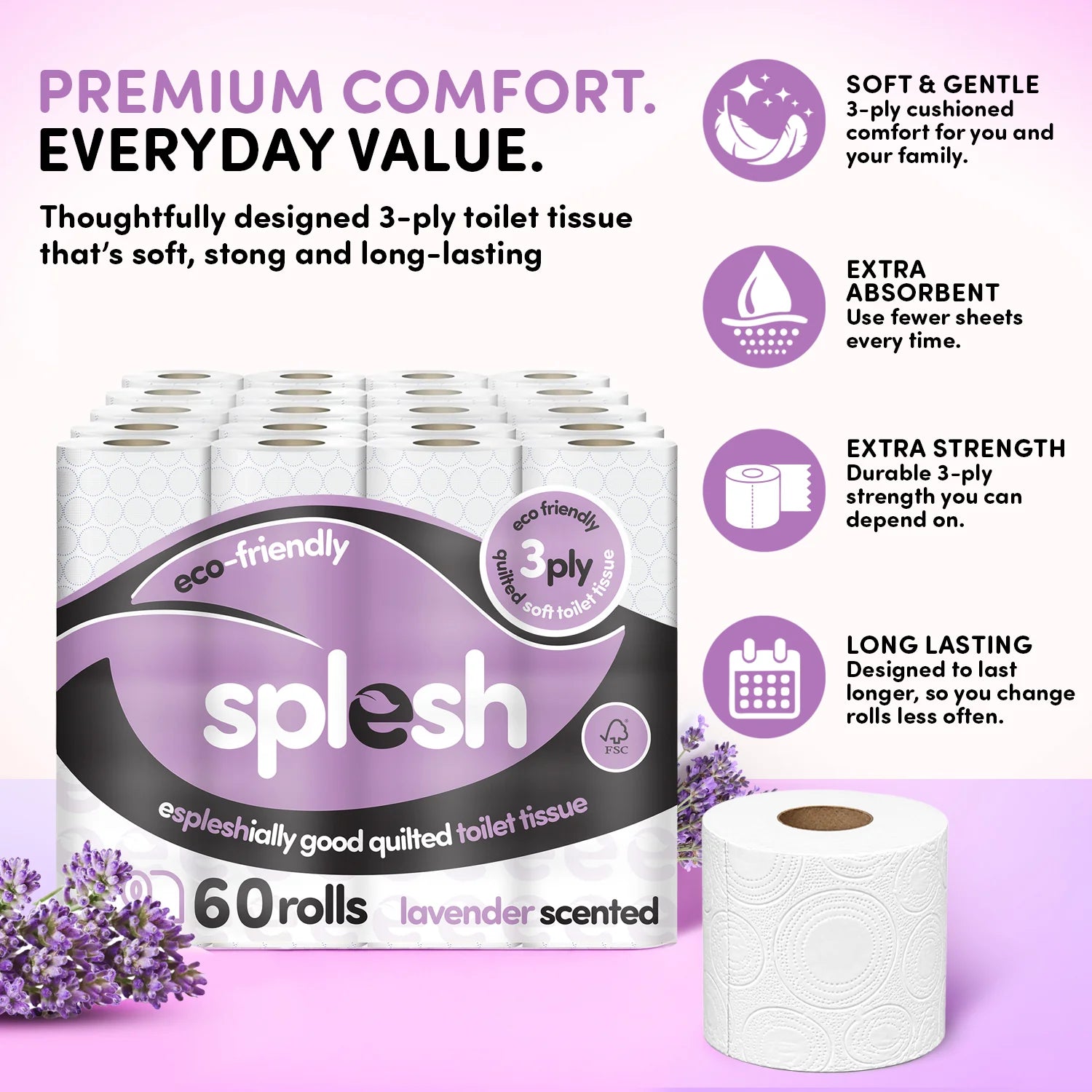 Splesh Toilet Roll Soft & Quilted 3-Ply Lavender Scented Toilet Tissue, 60 Rolls