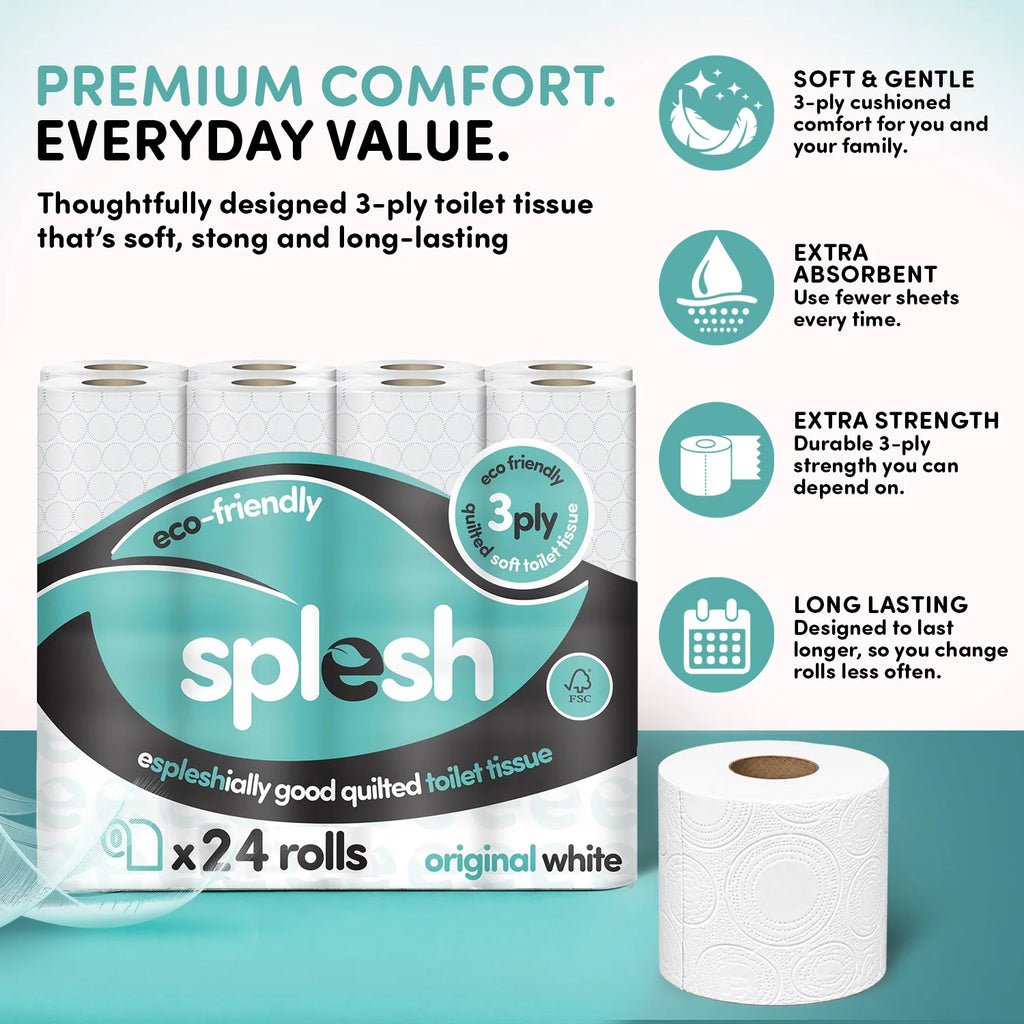 Splesh Toilet Roll Soft & Quilted 3-Ply Original White Toilet Tissue, 24 Rolls