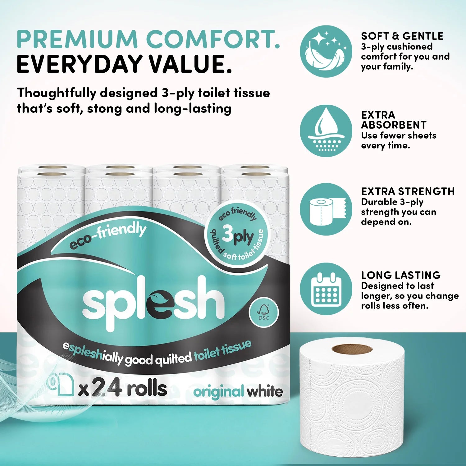 Splesh Toilet Roll Soft & Quilted 3-Ply Original White Toilet Tissue, 24 Rolls