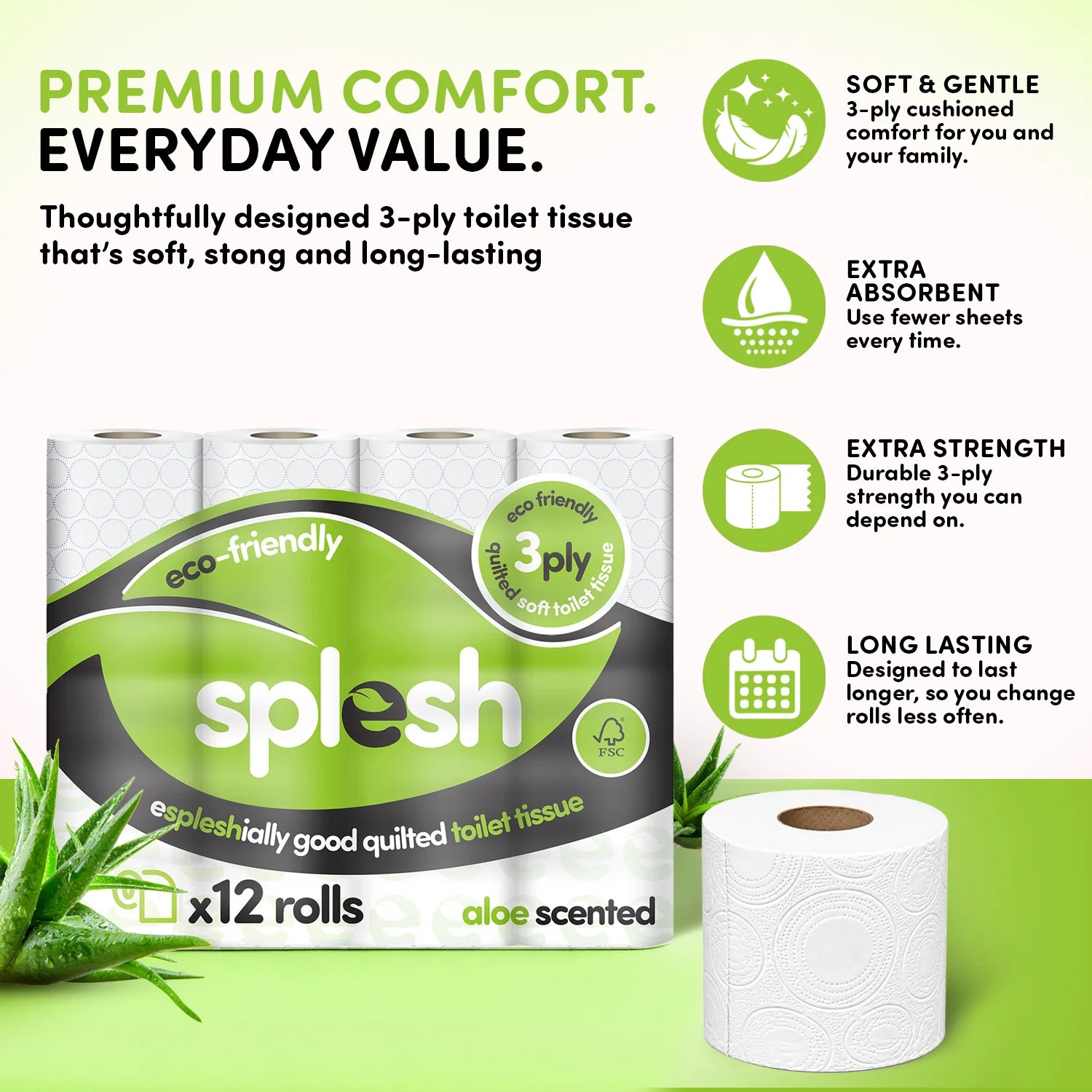 Splesh Toilet Roll Soft & Quilted 3-Ply AloeVera Scented Toilet Tissue, 24 Rolls