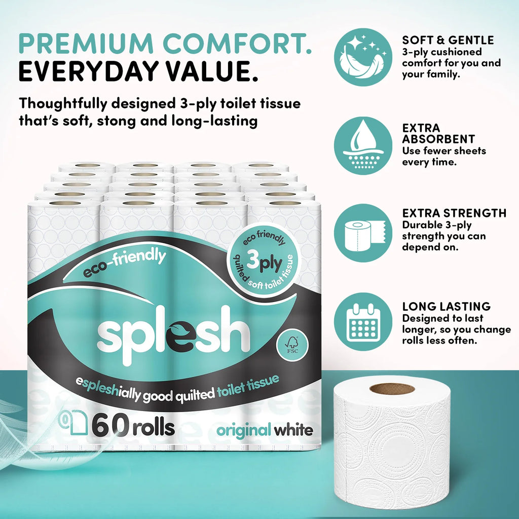 Splesh Toilet Roll, Soft & Quilted Eco-Friendly, White, 60 Rolls