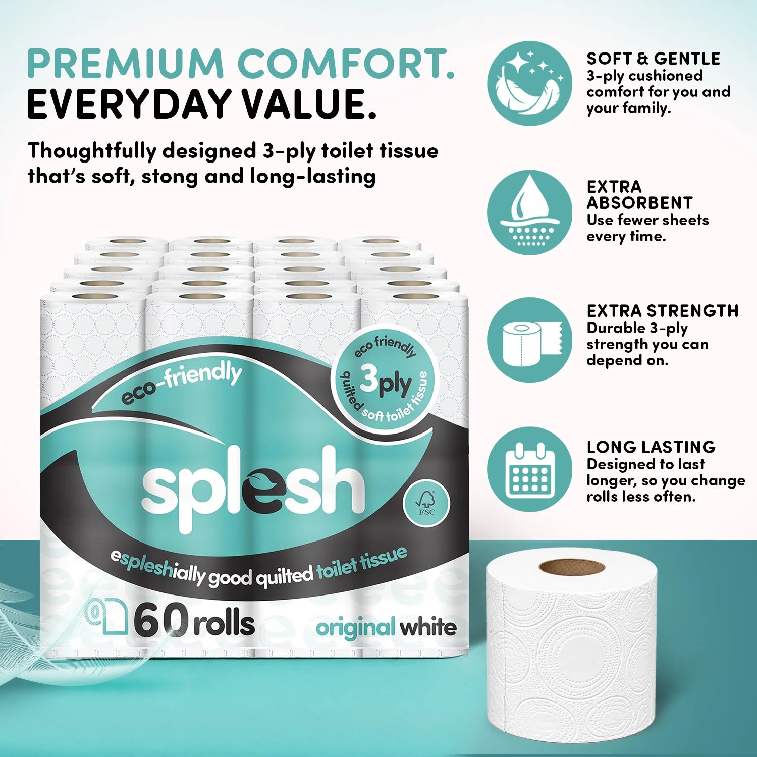 Splesh Toilet Roll, Soft & Quilted Eco-Friendly, White, 60 Rolls