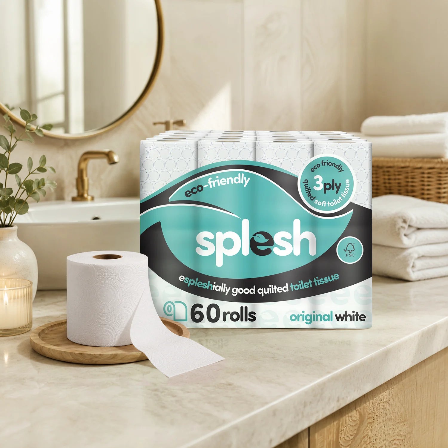 Splesh Toilet Roll Soft & Quilted 3-Ply Original White Toilet Tissue, 24 Rolls