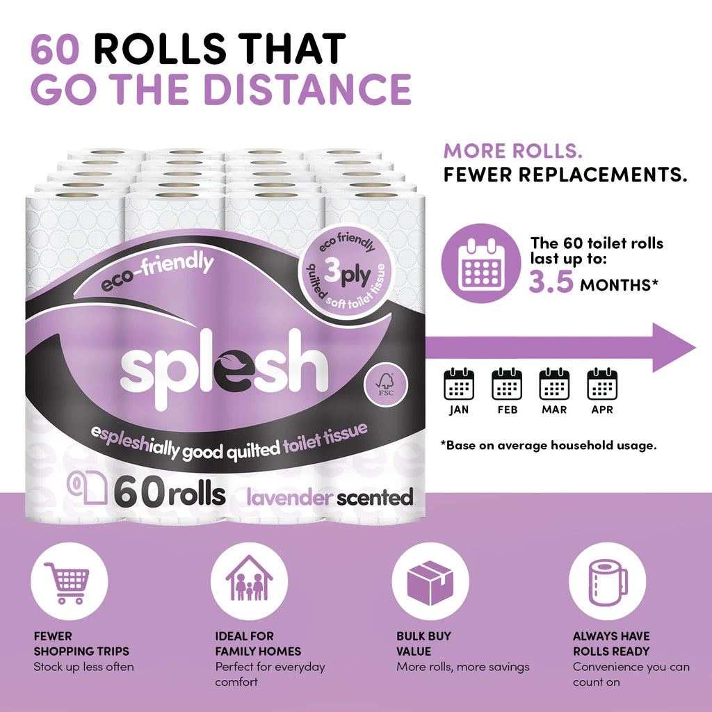 Splesh Toilet Roll Soft & Quilted 3-Ply Lavender Scented Toilet Tissue, 60 Rolls