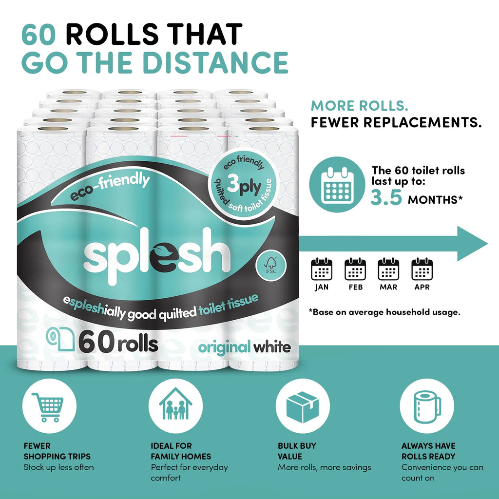 Splesh Toilet Roll Soft & Quilted 3-Ply Original White Toilet Tissue, 24 Rolls