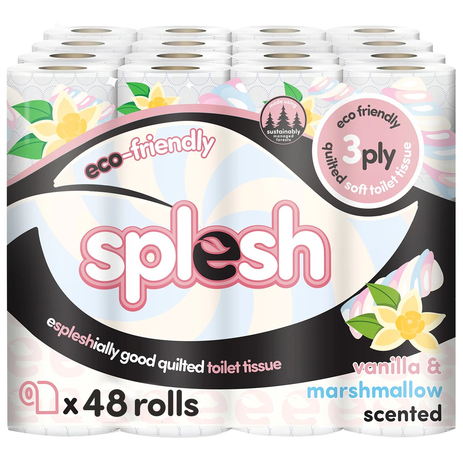 Splesh Quilted Toilet Roll Luxury Vanilla & Marshmallow 3-Ply Soft Toilet Paper, 48 Rolls