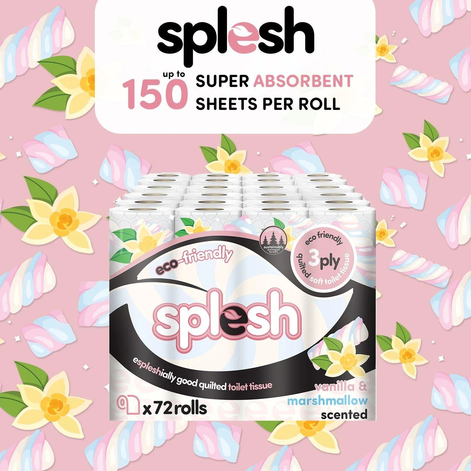 Splesh Quilted Toilet Roll Luxury Vanilla & Marshmallow 3-Ply Soft Toilet Paper, 48 Rolls