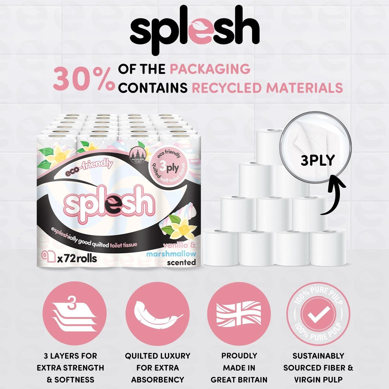 Splesh Quilted Toilet Roll Luxury Vanilla & Marshmallow 3-Ply Soft Toilet Paper, 48 Rolls