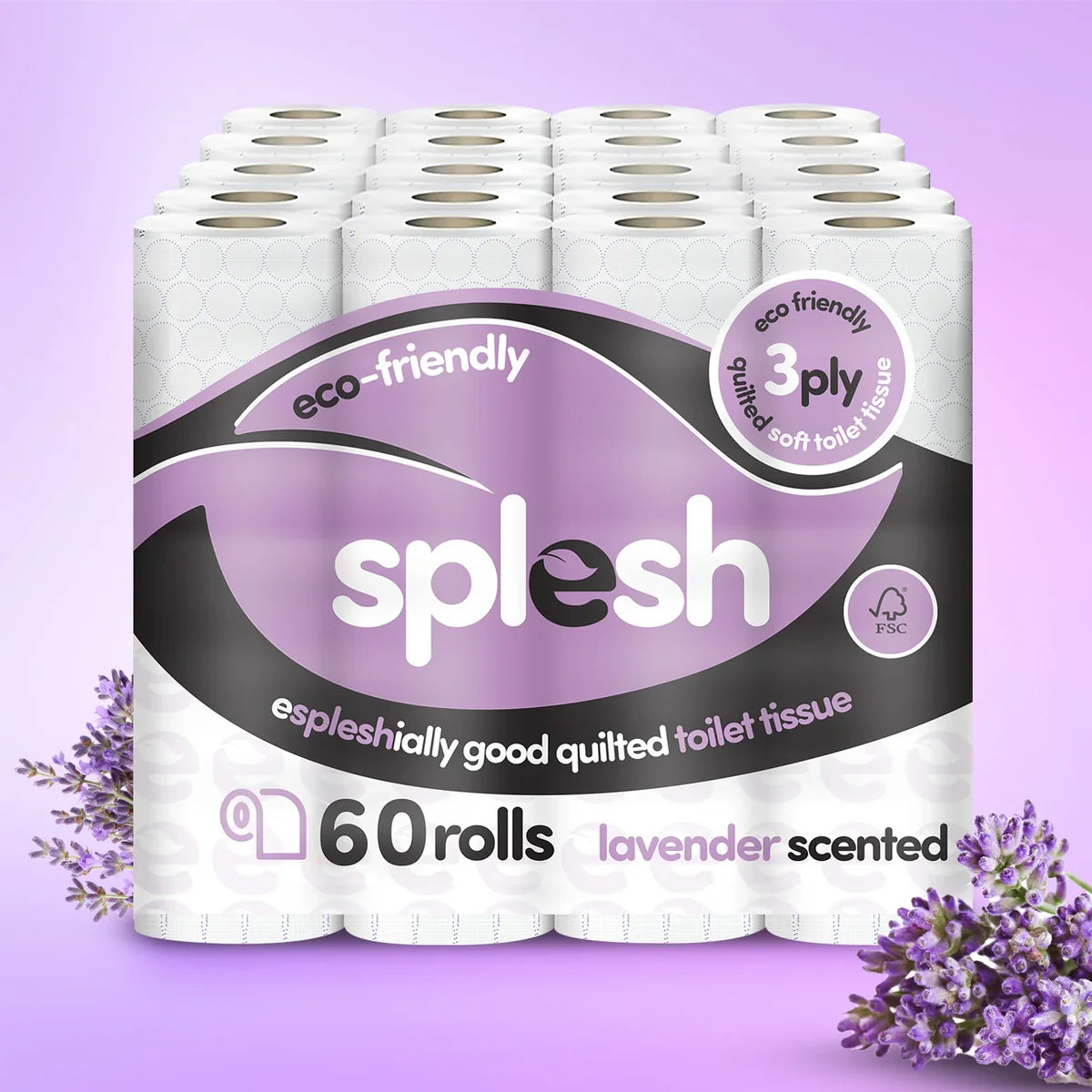 Splesh Toilet Roll Soft & Quilted 3-Ply Lavender Scented Toilet Tissue, 60 Rolls
