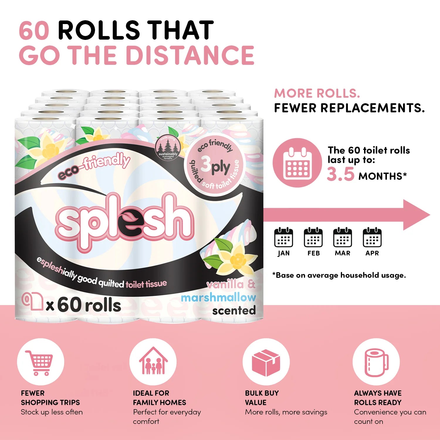 Splesh Quilted Toilet Roll Luxury Vanilla & Marshmallow 3-Ply Soft Toilet Paper, 60 Rolls