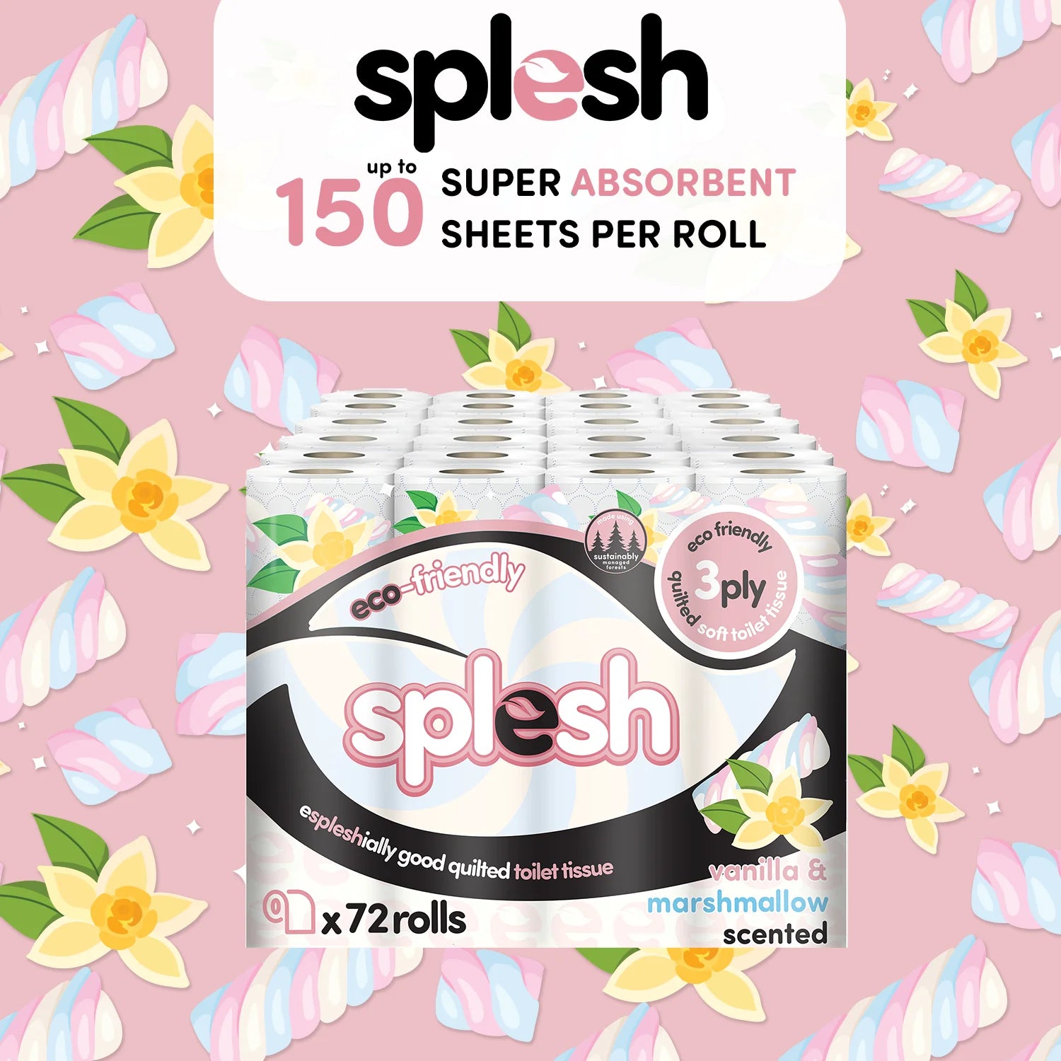 Splesh Quilted Toilet Roll Luxury Vanilla & Marshmallow 3-Ply Soft Toilet Paper, 24 Rolls