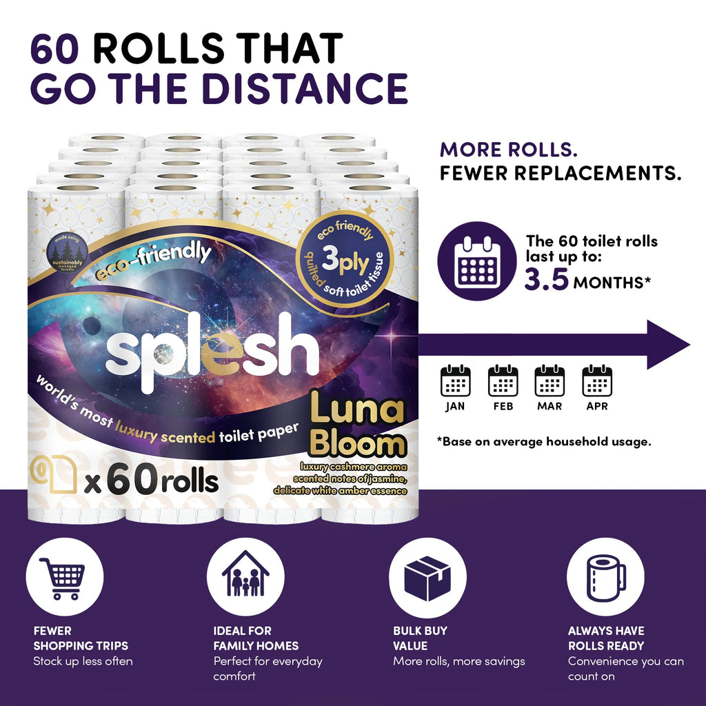 Splesh Quilted Luna Bloom 3-Ply Luxury Scented Toilet Tissue Paper, 60 Rolls