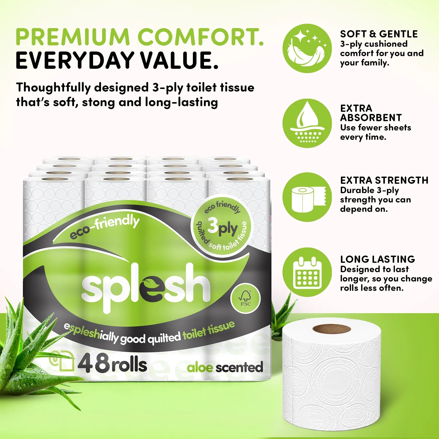 Splesh Toilet Roll Soft & Quilted 3-Ply AloeVera Scented Toilet Tissue, 48 Rolls