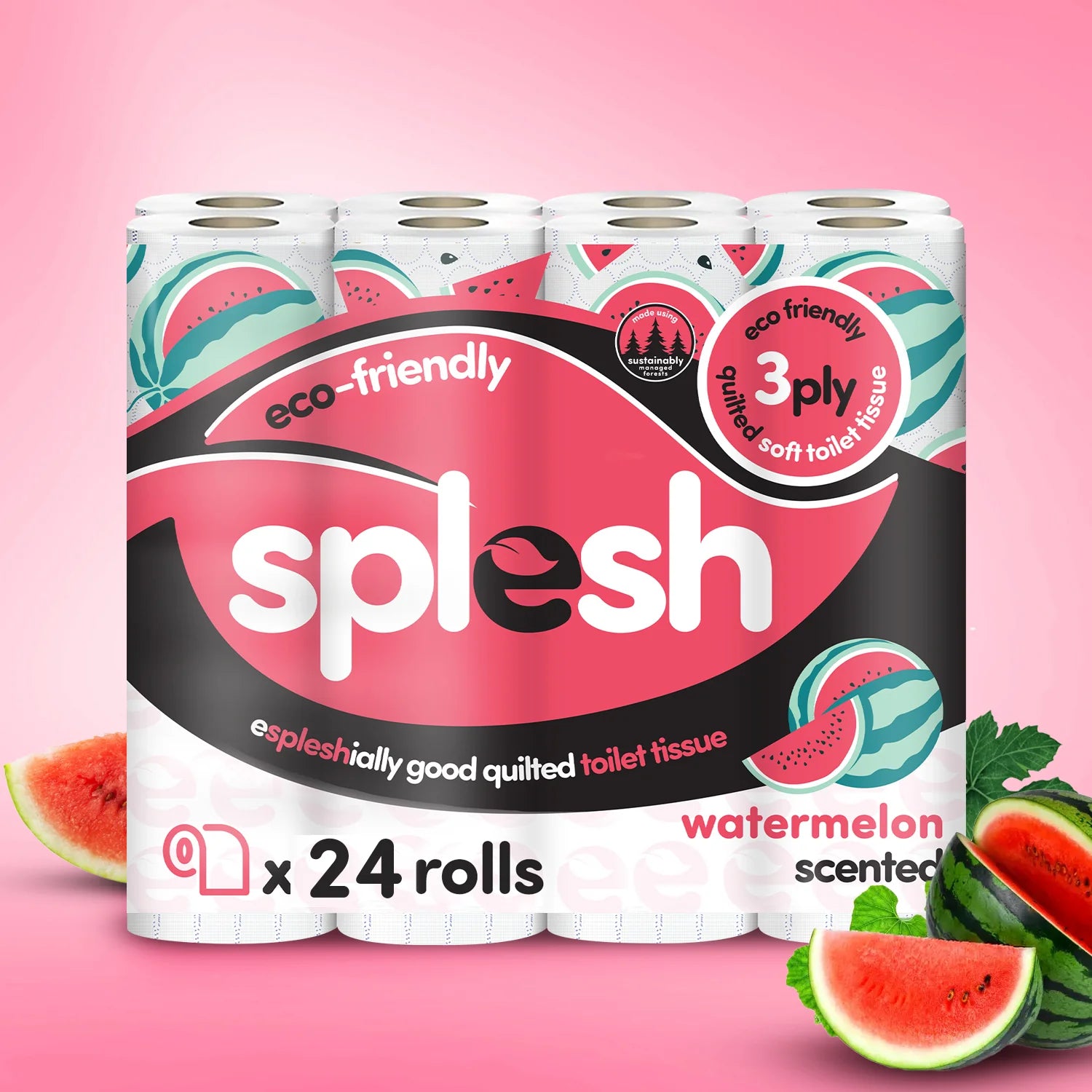 Splesh Quilted Toilet Roll Luxury Watermelon 3-Ply Soft Toilet Paper, 24 Rolls