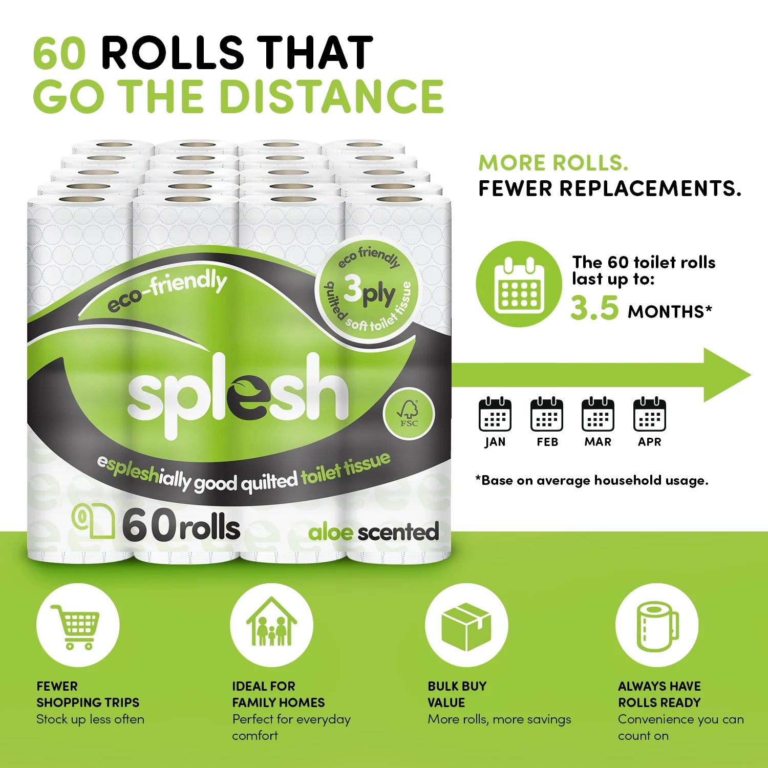 Splesh Toilet Roll Eco-Friendly, Soft & Quilted, Aloe Vera, 60 Rolls