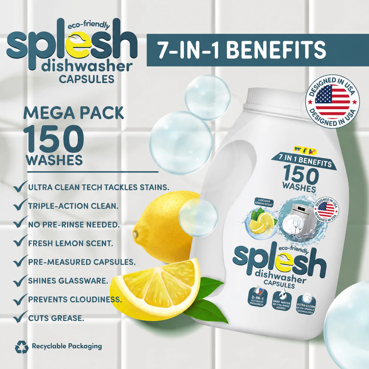 Splesh 3 in 1 Ultimate Freshness Dishwasher Tablets, Lemon Scent 150 Washes