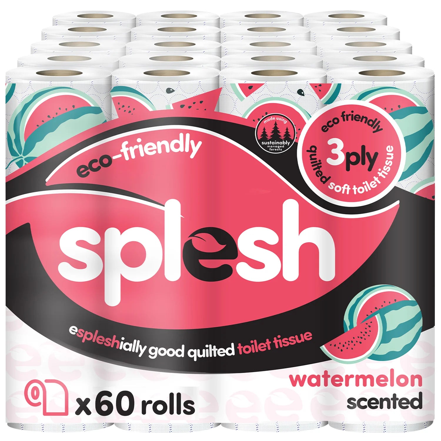 Splesh Quilted Toilet Roll Luxury Watermelon 3-Ply Soft Toilet Paper, 60 Rolls