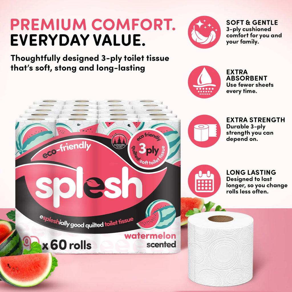Splesh Quilted Toilet Roll Luxury Watermelon 3-Ply Soft Toilet Paper, 60 Rolls