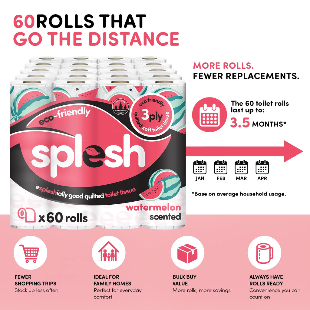 Splesh Quilted Toilet Roll Luxury Watermelon 3-Ply Soft Toilet Paper, 60 Rolls